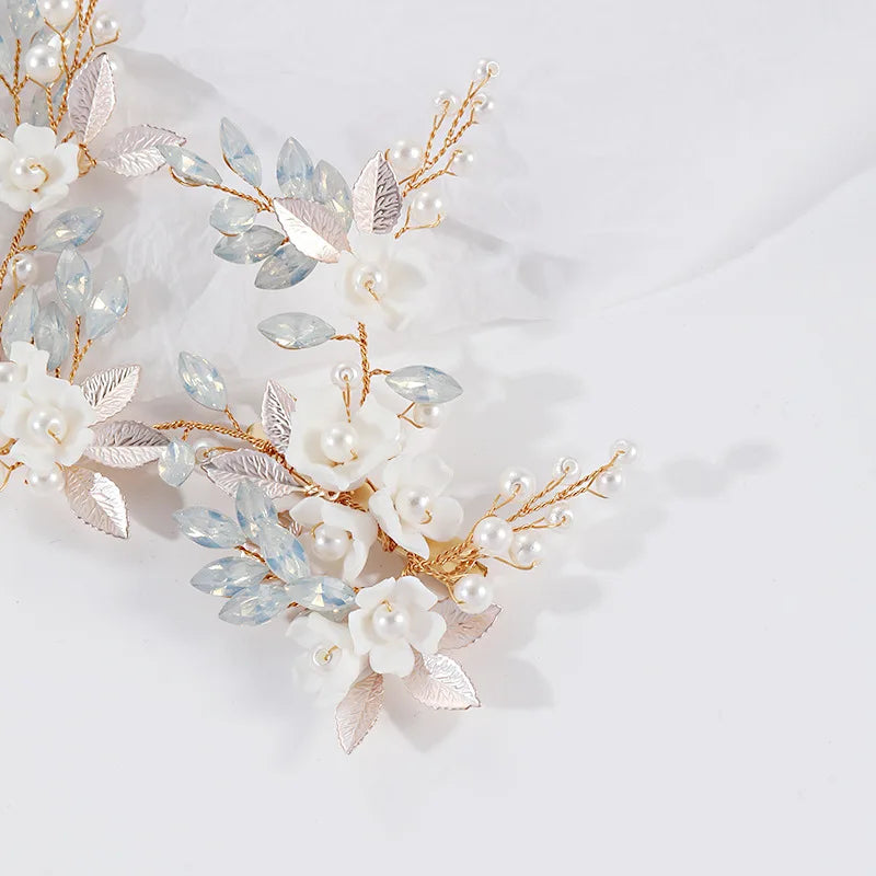 Porcelain Flower Hair Clip Pin Pearl Opal Hairpin Brides Women Vintage Gold Color Headpieces Wedding Accessories Bridal Jewelry