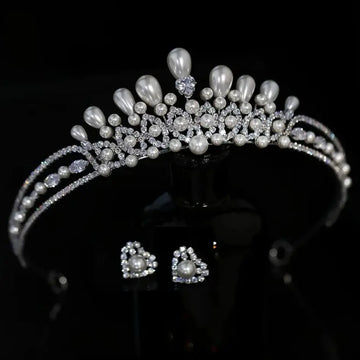 Crystal Pearl Tiaras and Crowns Set Zirconia Diadem For Bride Princess Queen Headband Bridal Hair Jewelry Wedding Accessories