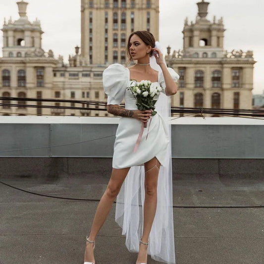 Elegant Short Wedding Dresses Sweetheart Neck Half Puff Sleeves Mini Bridal Gowns Satin Custom Made 2023 فساتين مناسبة حسب الطلب
