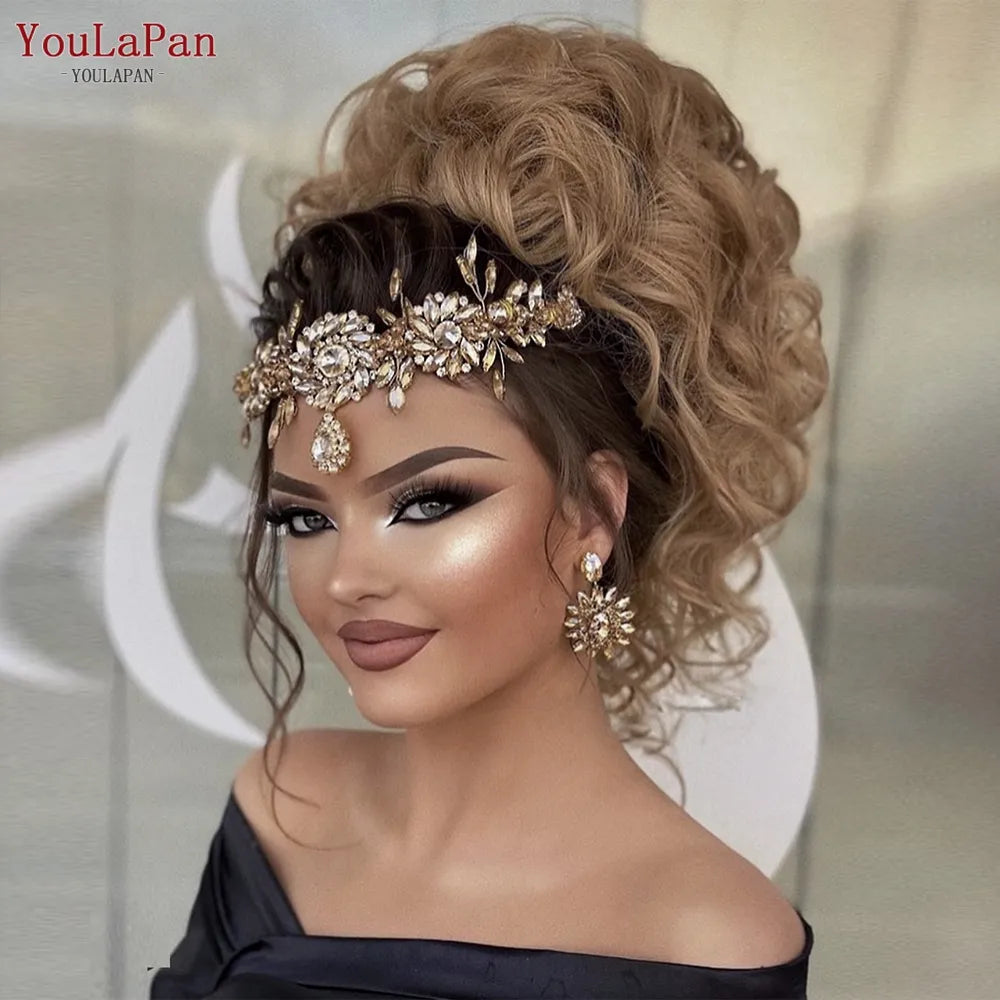 YouLaPan HP440 Golden Bridal Headband Forehead Crown for Wedding Hair Accessories Rhinestone Bride Tiara Women Headdresses
