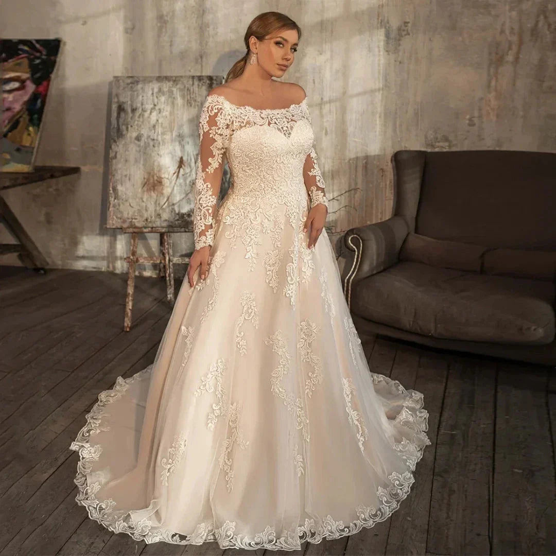 Plus size vintage boat neck long sleeves lace appliques A-line bridal gown wedding dress 2026 – Pollyanna Events