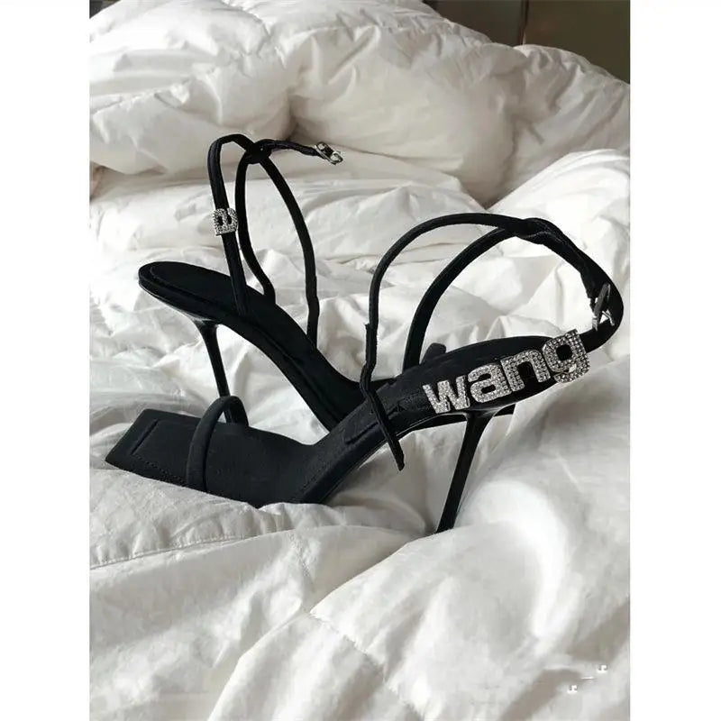 Black one-word strap stiletto square toe rhinestone letter women high heels sandals summer – Pollyanna Events