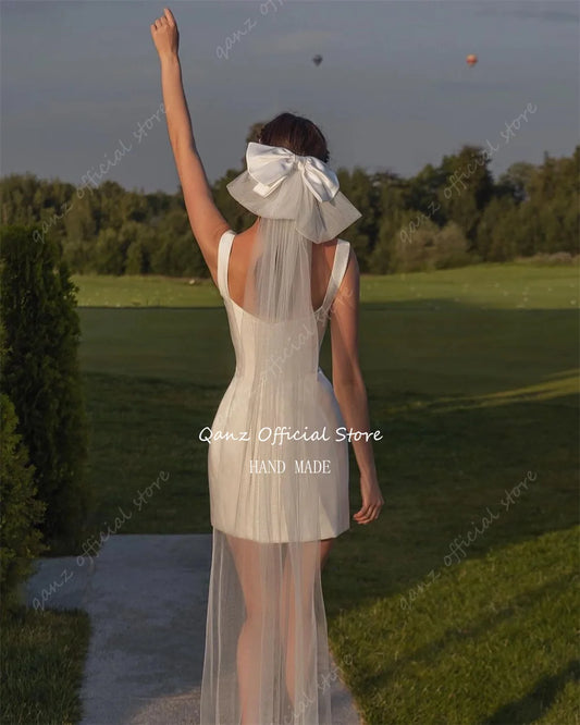 Qanz Simple Backless Wedding Dresses Satin Mermaid Vestidos De Fiesta Spaghetti Straps Short Bride Dress Women Elegant Luxury