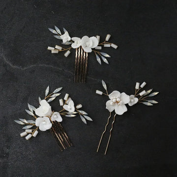 Bridal Jewelry Porcelain Flower Hair Combs Pins Clips Opal Hairpins Bride Bridesmaids Gold Color Head Pieces Wedding Accessories