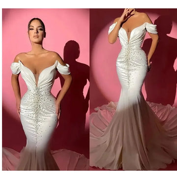 Luxury Mermaid White Off the Shoulder Sleeveless Chapel Train Pearls Pleat Floor Length Gorgeous Evening Dress Vestidos