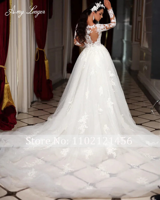 Нова романтична совок з бісером з довгими рукавами Весільна сукня Русалка 2024 Чудові аплікації знімний потяг сурз