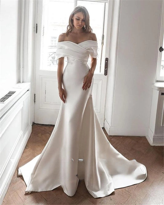 Charming fora do ombro de sereia de cetim vestidos de noiva 2022 Mermaid Sleeves Court Train Personalizar para Medidas Robe de Mariee