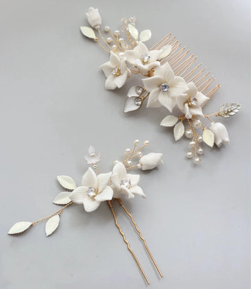 Bridal Jewelry Porcelain Flower Hair Clip Comb Crystal Hairpin Women Bride Bridesmaids Gold Color Head Piece Wedding Accessories