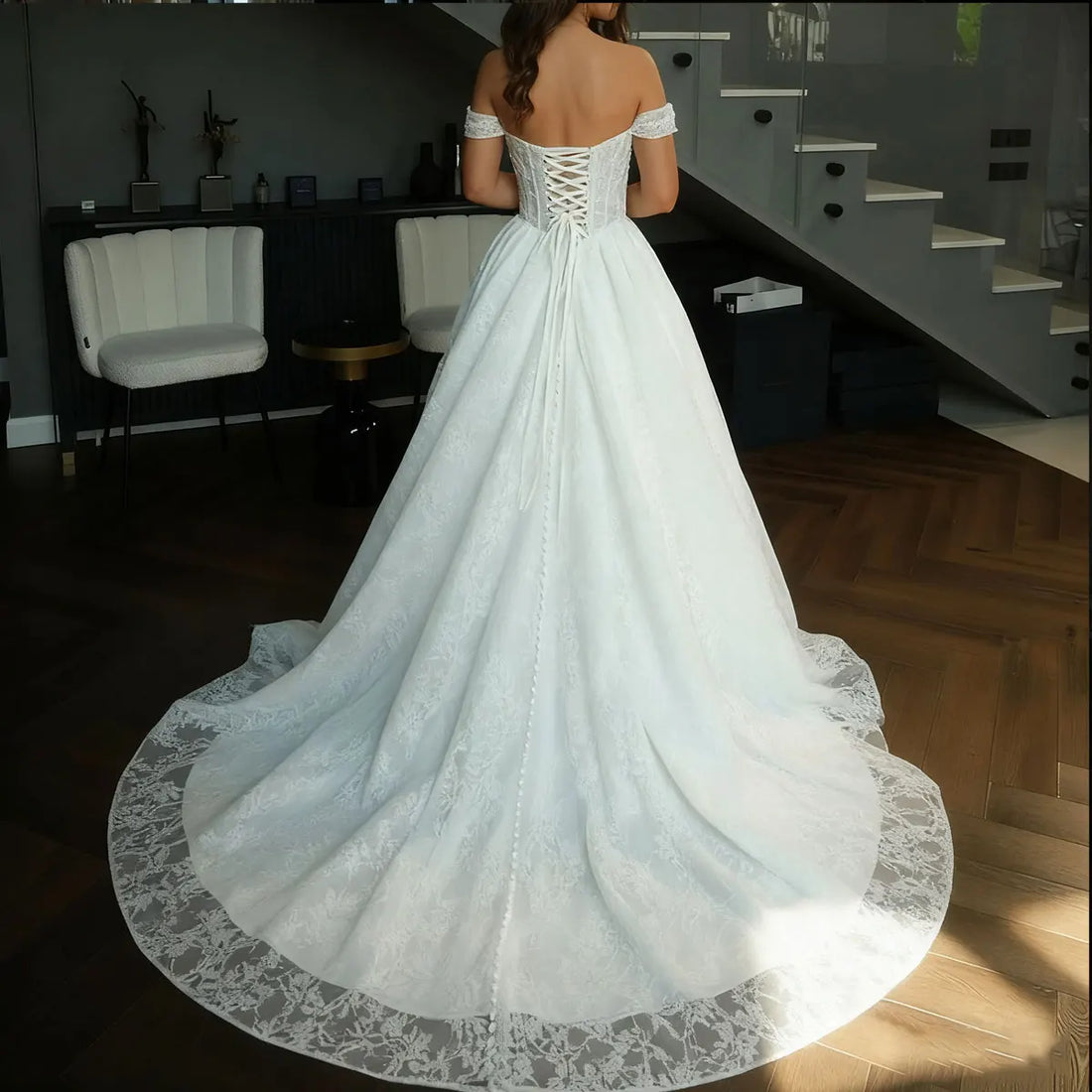 Romantic Beaded Pearl Lace Wedding Dress For Bride Vestidos Novia A Line Ball Gown For Women Long Off Shoulder Bridal Party Gown