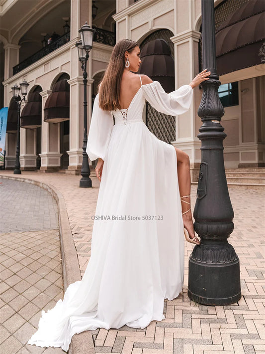 Vintage V yakalı basit A-line gelinlik omuzdan uzun puflu kollar gelin önlükleri vestido de novia