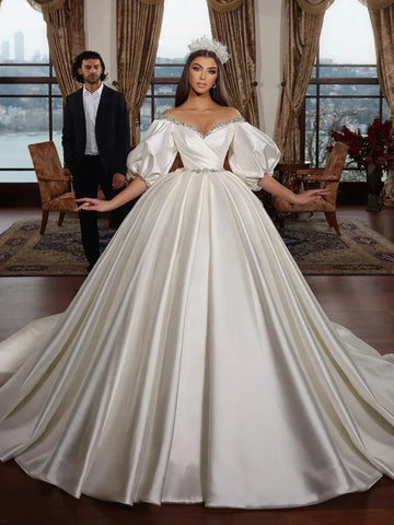 Customized Sexy  Wedding Dresses Off The Shoulder Beading Bridal Dress Simple Satin Ball Gown Long Bride Robe Vestidos De Novia