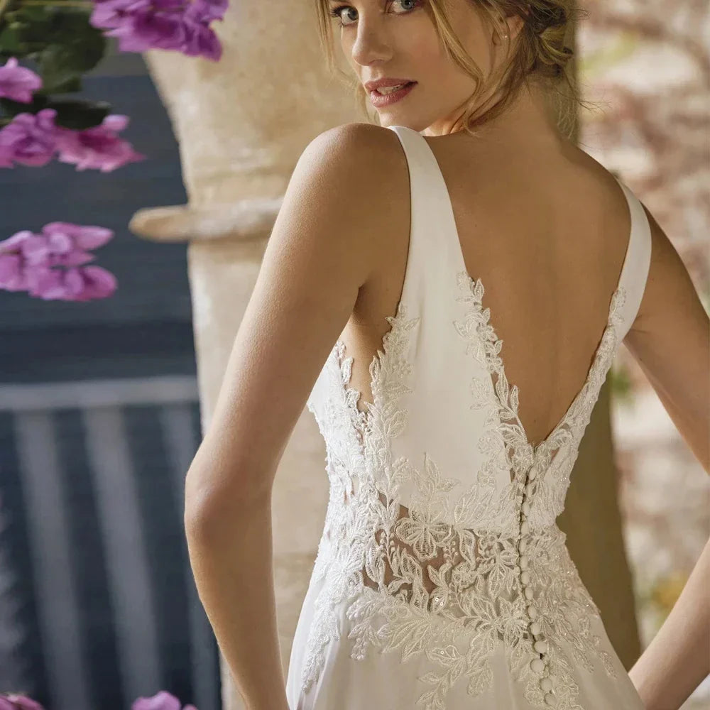 Classic spaghetti straps A-line V-neck chiffon applique lace sequined illusion bridal gown wedding dress 2026 – Pollyanna Events