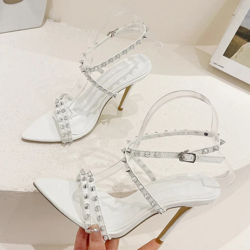 Metal rivet ankle strap women gladiator open toe party stripper high heels summer sandals – Pollyanna Events