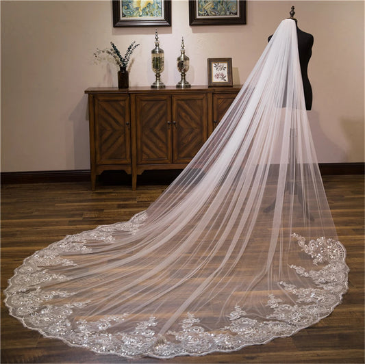 Wedding Veil Lace Edge Lange luxueuze bruids Veil Applique pailletten Wit/Ivory Veil met kam Cathedral One-Layer 3meters