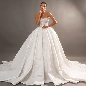 Customized Luxury Full Beading Pearls Ball Gown Wedding Dresses Lace Off Shoulder Sleeveless Bridal Gowns Vestidos De Novia