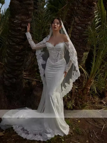 Customzied Sweetheart Neckline Long sleeved Mermaid Elegant Lace wedding Dress amanda novias Bridal Dress amanda novias official