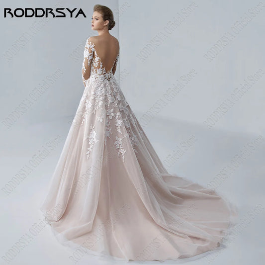 Романтична весільна сукня для наречених довгих рукави Сексуальні сукні нареченої Мереживо Applqiue A-Line Princess Vestidos de Novia