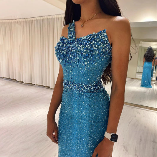 Luxury Turquoise Blue Mermaid Evening Dresses for Women Wedding One Shoulder Arabic Formal Party Gowns SS336
