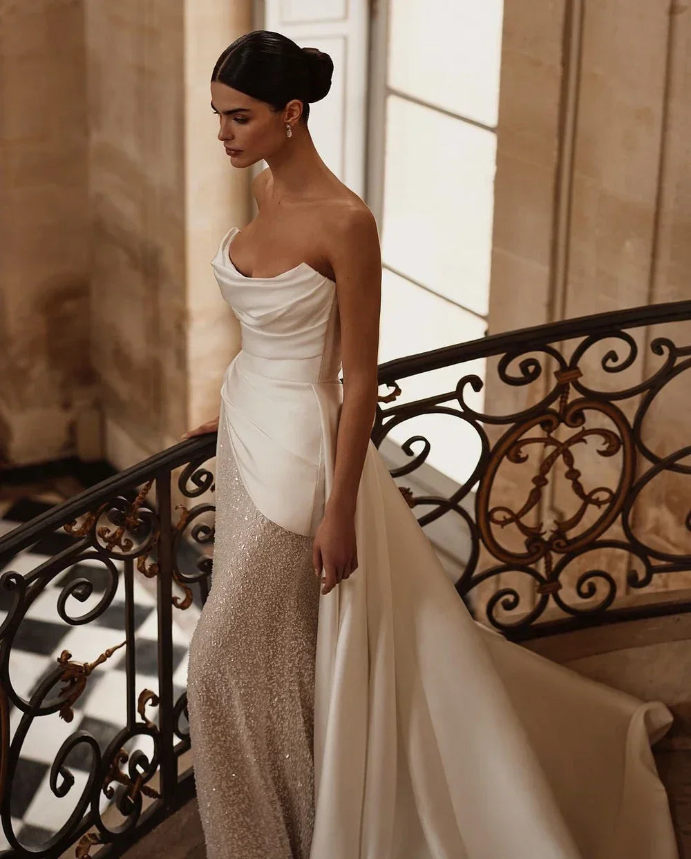 Customized Simple Strapless Mermaid Wedding Dress Shiny Sequin Beading Satin Train Pleat Bridal Gown Vestido De Novia