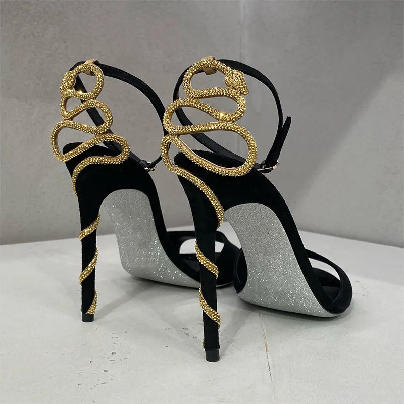 Snake Spiral-Ankle Hight Heels Sandals Designer Brand Rhinestone Open Round Toe Summer Scarpe per donne Pompe da festa