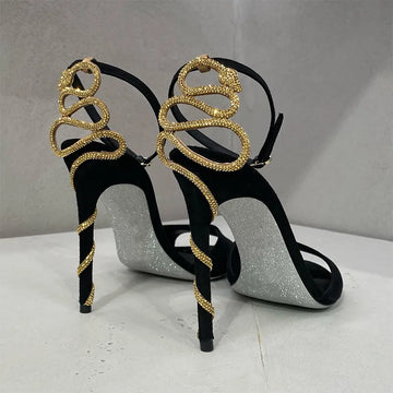 Snake Spiral-Buckle Buckle High Sandals Diseñador de marca Rhinestone Open Round Toe Summer Summer For Women Party Pombs