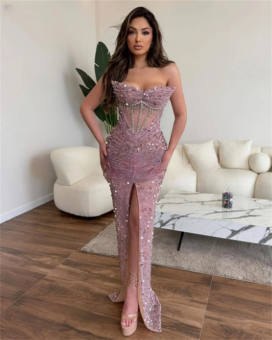 Luxury Glitter Mermaid Evening Dresses Off Shoulder Middle Slit Sequins Prom Dress Floor Length Sexy Bodycon Party Gowns PURPLE