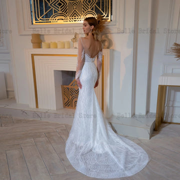 Glitter Mermaid Wedding Dresses V Neck Long Sleeves Exquisite Bridal Gowns Sequined Sweep Train Tulle Vestidos De Novia 2023