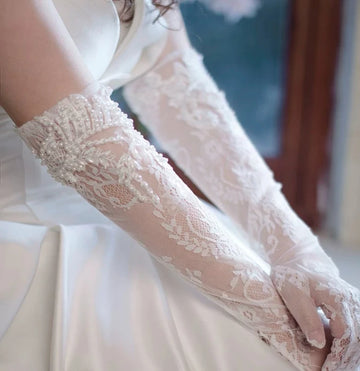 Lace Long Bridal Gloves Flower Wristband Pearl Wedding Glove For Women Girl Party Evening Dress Jewelry Brides Accessories