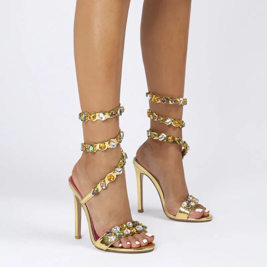 Star style Luxury Crystal Embellished Wraparound Women Sandals Stiletto High heels Gladiator Sandals Summer Wedding Prom Shoes