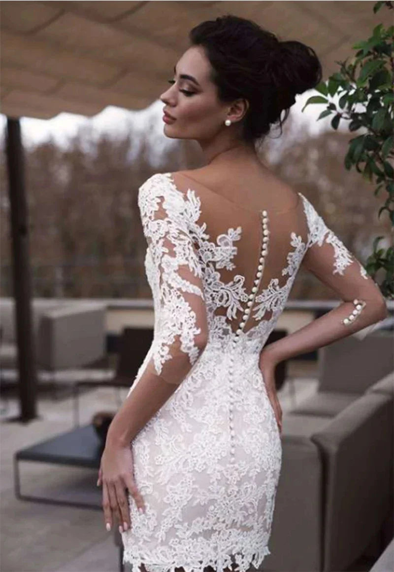 Charming short sheath sheer neck 3/4 sleeves lace appliques beach bride party gown – Pollyanna Events