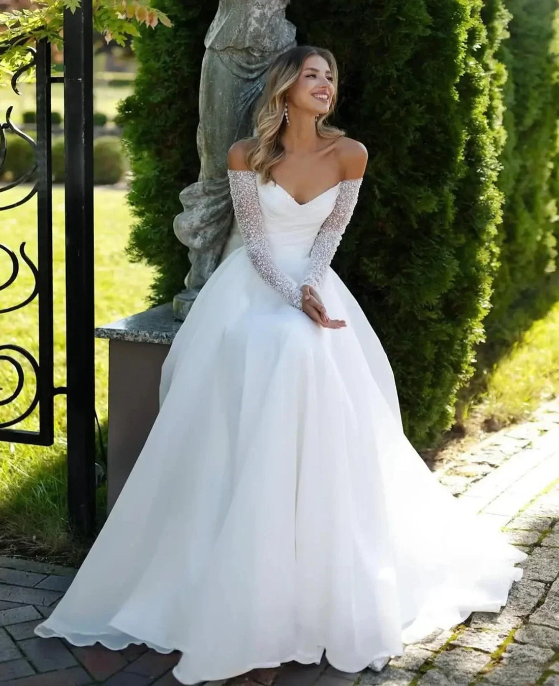 Shiny beaded sequined wedding dress 2026 detachable long sleeves strapless A-line organza sweep train bridal gown – Pollyanna Events