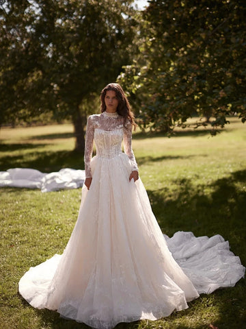 Modest Long Sleeved Wedding Dress Graceful Lace Appliques Customized Two Pieces Popular A Line Corset Bridal Gown New Arrival