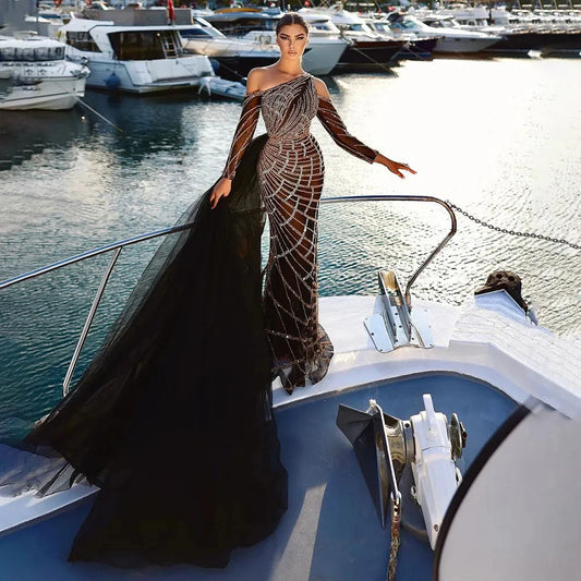 Emerald Green One Shoulder Mermaid Evening Dress with Overskirt Long Sleeves Luxury Dubai Wedding Party Gowns SS413