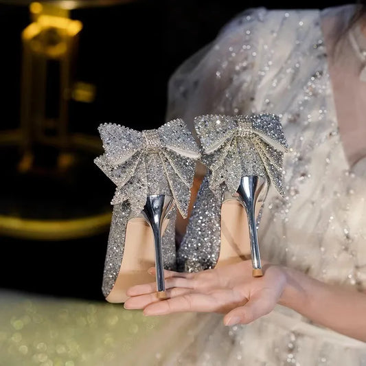 Bing Sequins Kadınlar Pompalar Gümüş Parlak Rhinestone Bowknot İnce Topuklu Düğün Ayakkabı Kadın Göstergeli Ayak Parçası Slip-On Yüksek Topuk Ayakkabıları