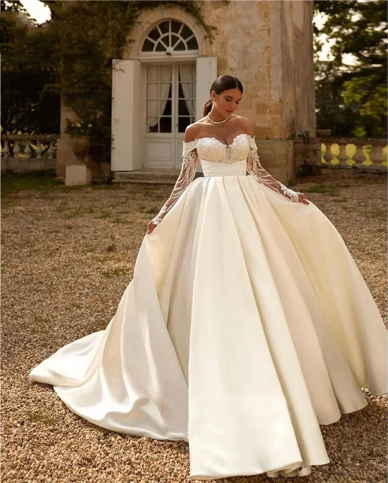 Customzied New  Sweetheart Neck Wedding Dresses Off Shoulder Simple Satin Lace Appliques Bridal Gown Vestidos De Noiva