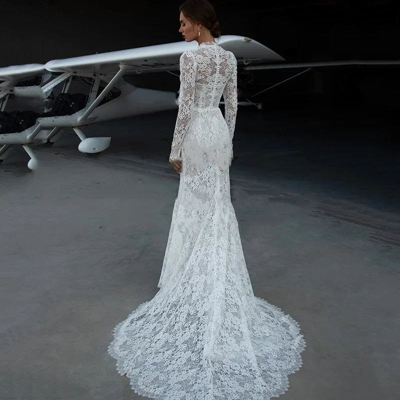 Customized Classic V Neck Mermaid Wedding Dresses Lace Long Sleeve Sweep Train Long Bridal Dress White Vestido De Novia