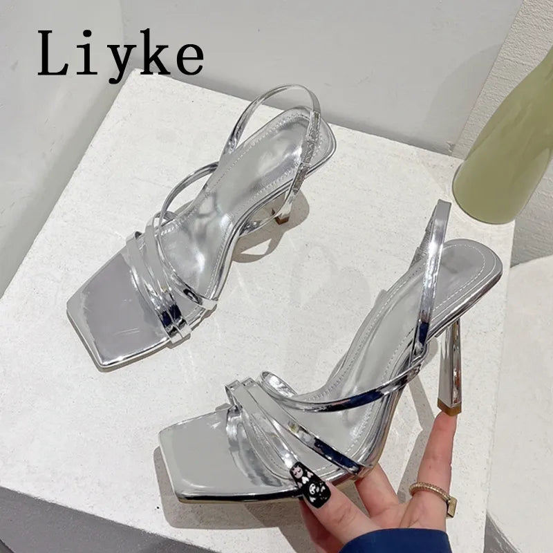 New gold silver square toe slip on elastic back strap women gladiator high heels summer party prom – Pollyanna Events