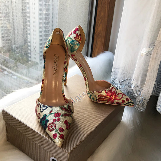 Heelgoo Flower Print Women Gold Pointy Toe D'Orsay High Heel Wedding Bridal Shoes Sexy Ladies Party Stiletto Pumps Size 33-46