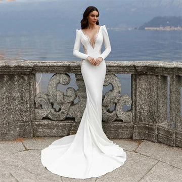 Boho Deep V Neck Wedding Dresses Pleat Satin Cut Out Appliques Mermaid Ball Gowns Court Train Woman's Formal Bride Beach Party