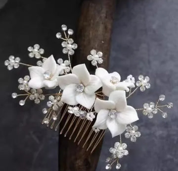 Bridal Jewelry Porcelain Flower Hair Comb Head Piece Brides Party Dinner Dress Crystal Rhinestones Hairpin Wedding Accessories