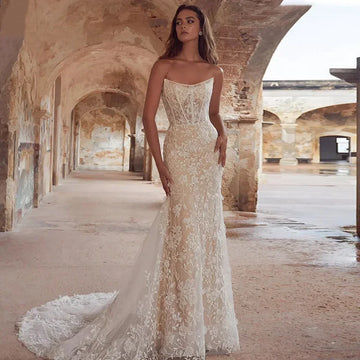 Customized Sexy Strapless Mermaid Wedding Dress With Shiny Sequins Sleeveless Lace Applique Bridal Gown VestidoDeNovia