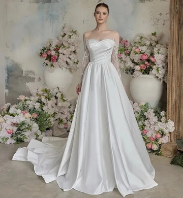 Elegant A-line Wedding Dress 2026 Sheer Neck Lace Long Sleeves Satin Bridal Dresses Church Bride Gown vestidos de novia