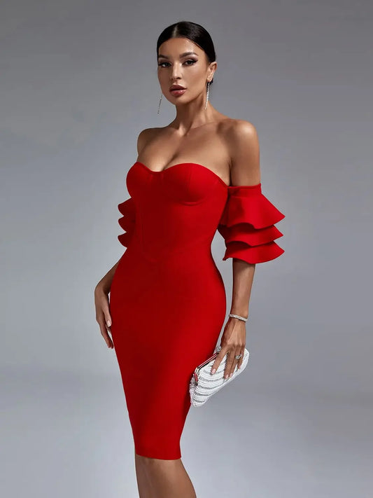 Red Bandage Dress Women Midi Party Dress Bodycon Elegant Ruffle Sexy Off Shoulder Evening Birthday Club Outfits Summer 2023