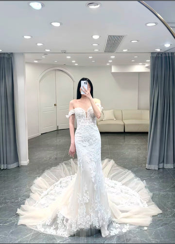 Customized Gorgeous Lace applique Mermaid Wedding Dresses Women Off The Shoulder Bridal Gown Sweep Train Vestidos De Novia