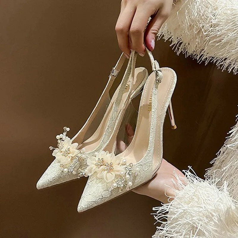 French bride gold wedding shoes thin heel pointed flower rhinodrill high heels women sandals – Pollyanna Events