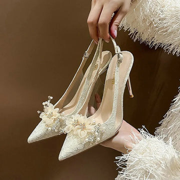 Franse bruid gouden trouwschoenen dunne hiel puntig ondiepe mond bloem rhinodrill hoge hakken bao hoofd mode dames sandalen