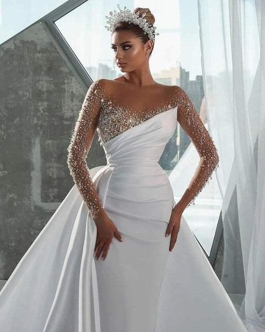 Sexy Illusion Neck Mermaid Wedding Dress Long Sleeves Shiny Beading Bridal Gowns With Overskirts Vintage Vestidos De Novia 2024