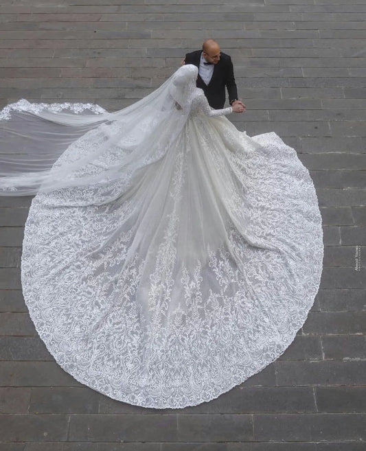 Весільна сукня Лінія O шия довгі рукава розкішні мереживні субідальні сукні Аплікації хати де Марії Люкс на замовлення