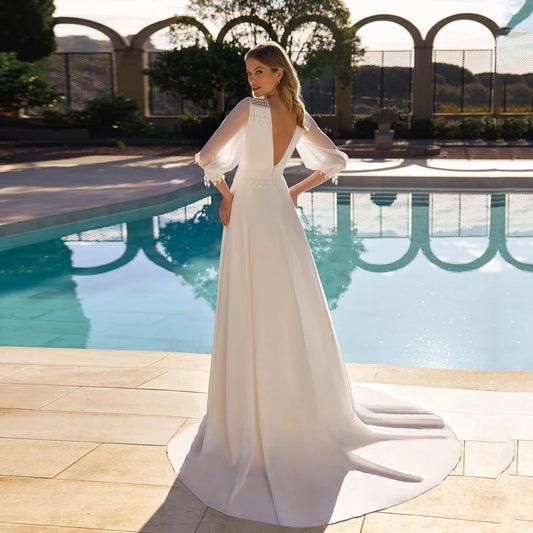 Elegant Wedding Dresses V Neck 3/4 Sleeves Bridal Gowns Lace Appliques Back Zipper Floor Length A-lIne Vestidos De Novia 2024