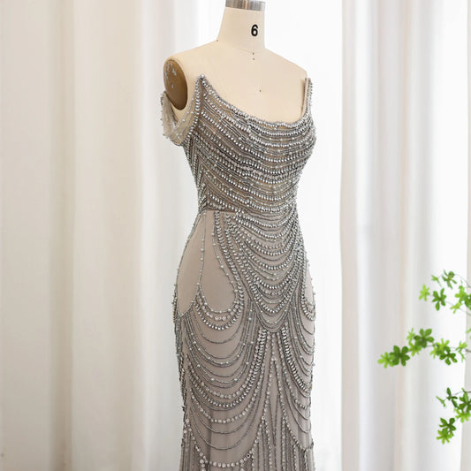 Luxe Crystal Silver Gray Mermaid Dubai Avondjurken voor vrouwen Wedding Long Black Girls Prom feestjurken SS403
